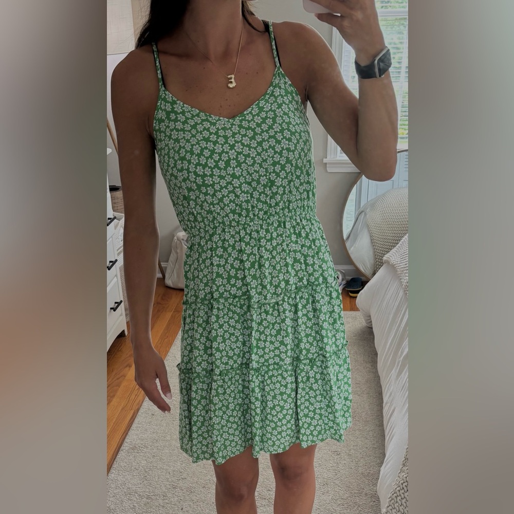 Green & White Floral Spaghetti Strap Sundress